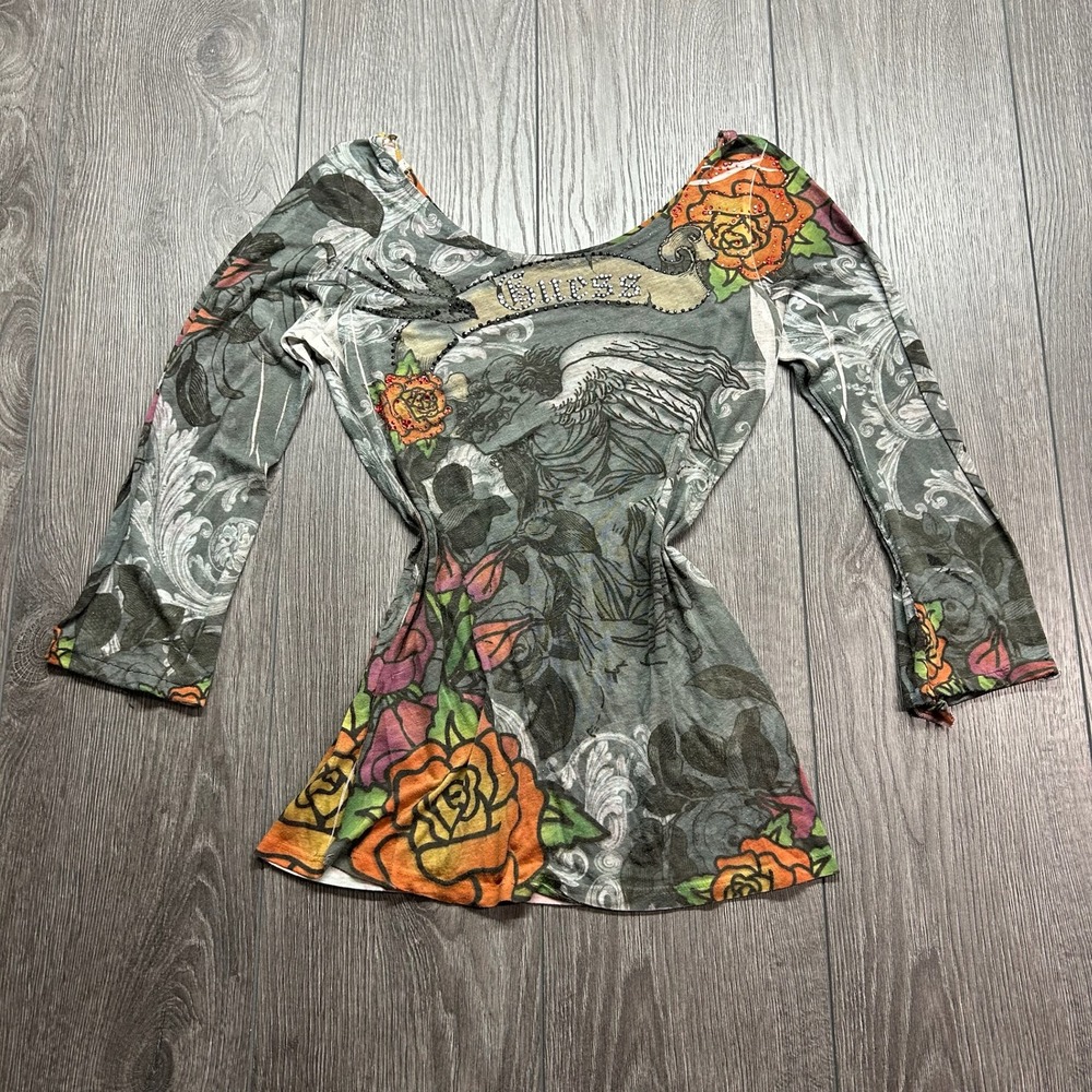 Vintage Guess Y2K Graphic Medium Rhinestone Long Sleeve Top Grey Floral Angel M
